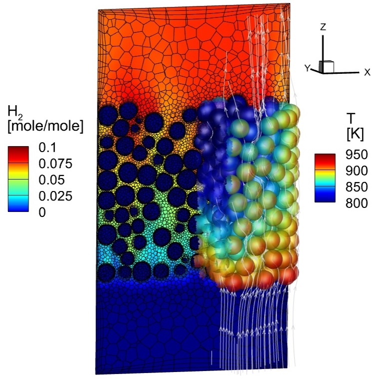 DUO 3D (PRCFD) for DRM chemistry (Rep = 57, 730 particles, dtube/dparticle = 10). Flow is from bottom to top.